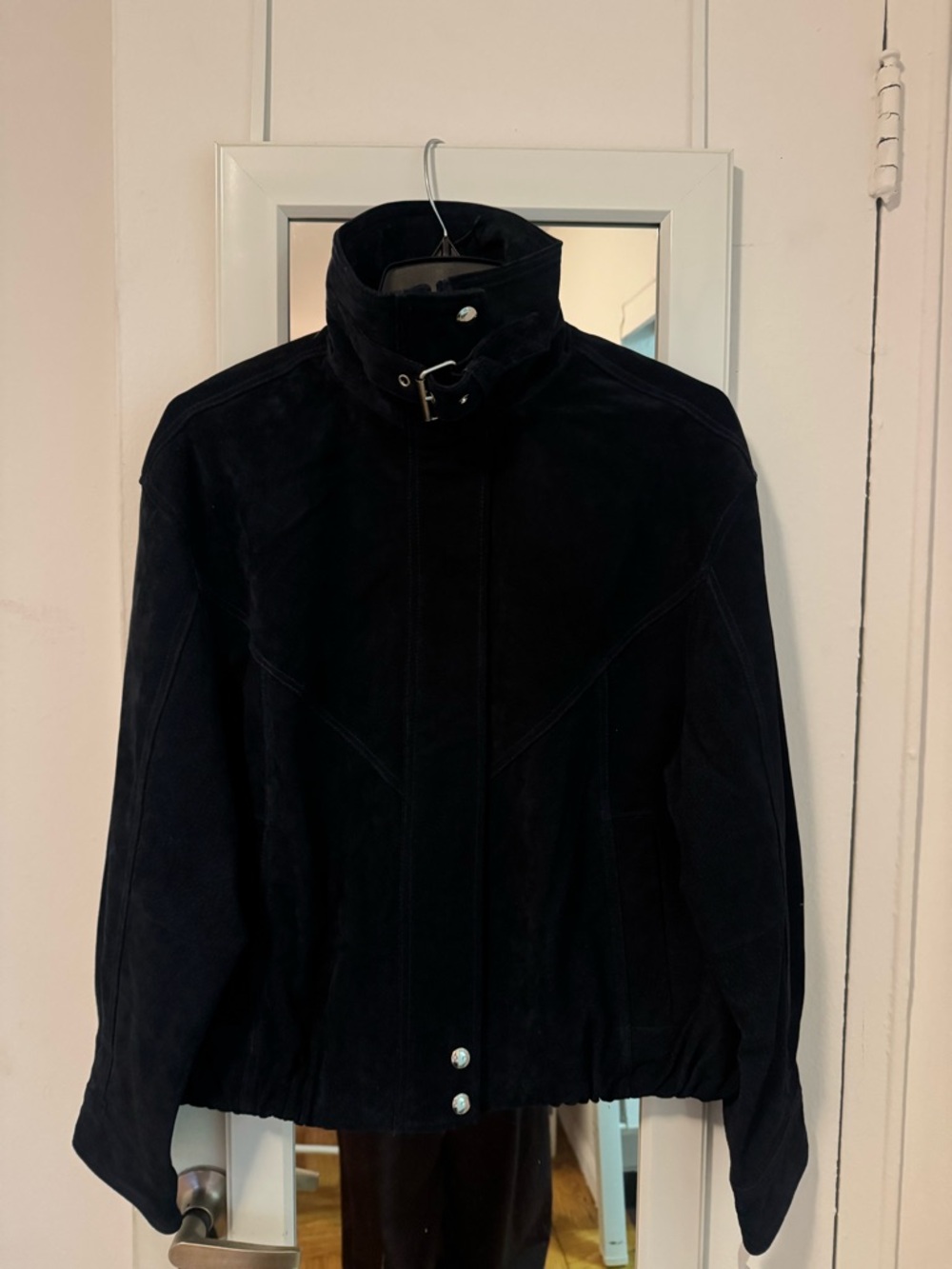 Classic Navy Women's Suede Jacket with High Collar